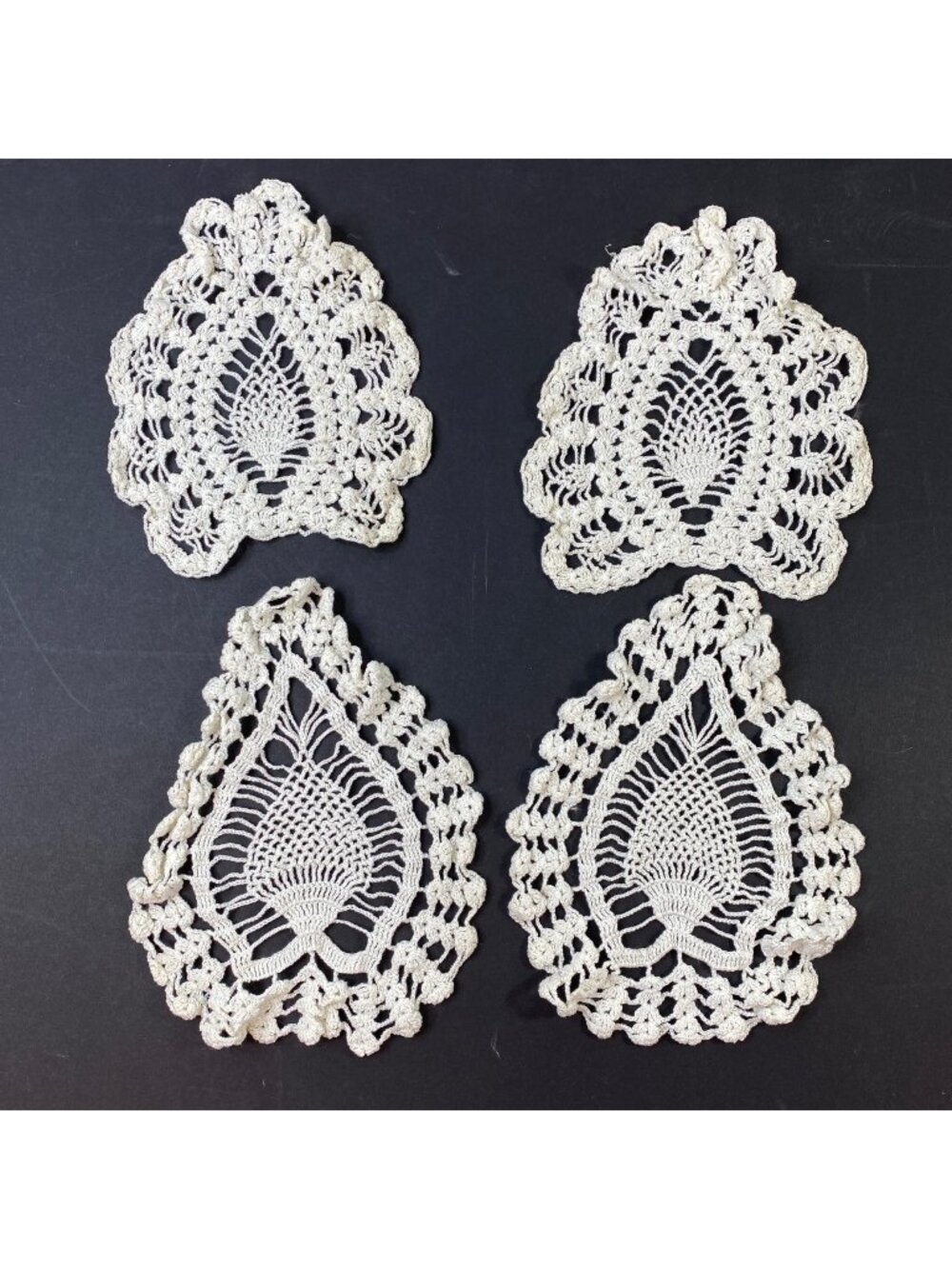 Set of 4 Vintage Handmade Crochet White Lace Peacock Feather Doilies